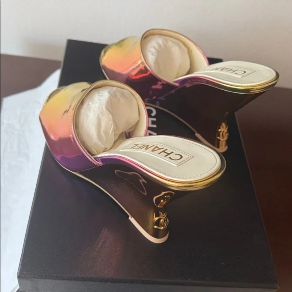 CHANEL Laminated Calfskin Wedge Mules 37.5 Pink Orange Yellow Multicolor CC logo - Picture 4 of 13